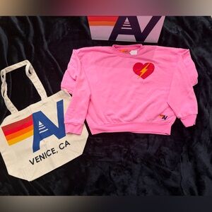 NWT Aviator Nation Bolt Heart Relaxed Crew Sweatshirt Neon Pink XS + Tote Bag
